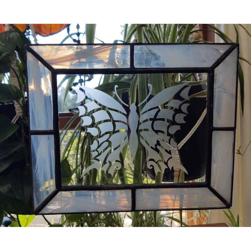 Etched Butterfly White Cloud Glass Frame Stained Glass Hanging Suncatcher - Picture 1 of 10